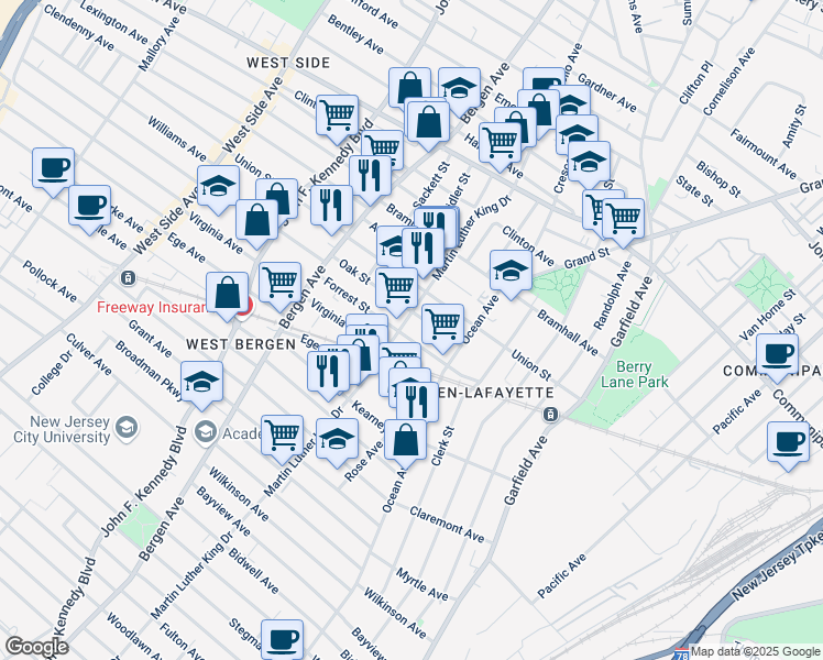 map of restaurants, bars, coffee shops, grocery stores, and more near 31 Oak Street in Jersey City