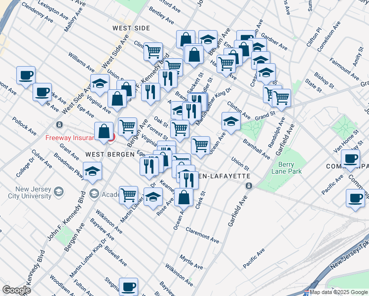 map of restaurants, bars, coffee shops, grocery stores, and more near 31 Oak Street in Jersey City