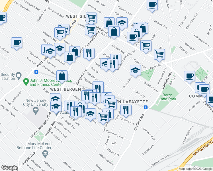 map of restaurants, bars, coffee shops, grocery stores, and more near 315 Forrest Street in Jersey City