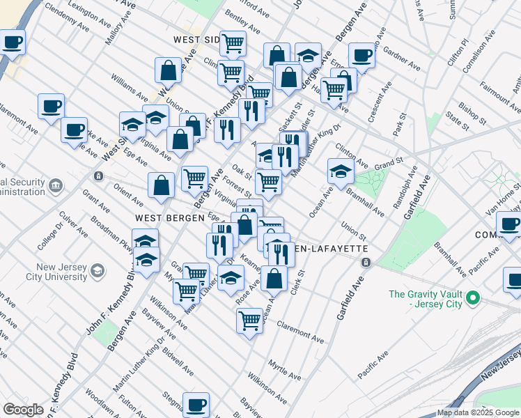 map of restaurants, bars, coffee shops, grocery stores, and more near 315 Forrest Street in Jersey City