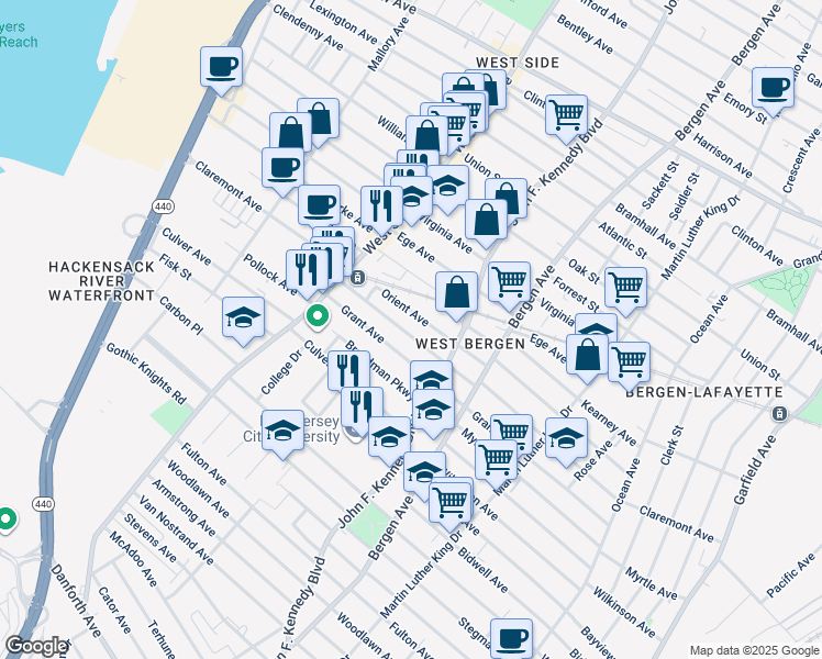 map of restaurants, bars, coffee shops, grocery stores, and more near 207 Orient Avenue in Jersey City