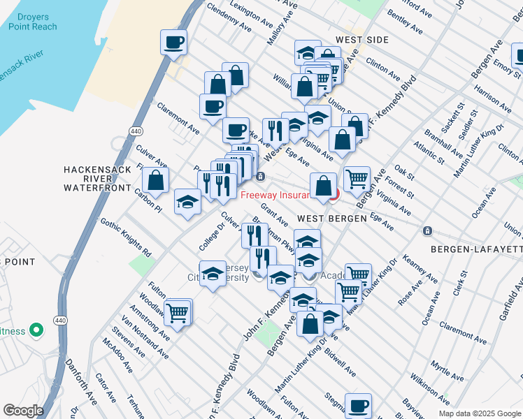 map of restaurants, bars, coffee shops, grocery stores, and more near 74 Broadman Parkway in Jersey City