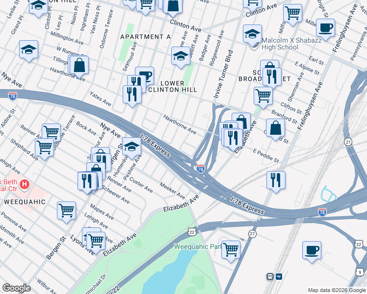 map of restaurants, bars, coffee shops, grocery stores, and more near 303 Ridgewood Avenue in Newark