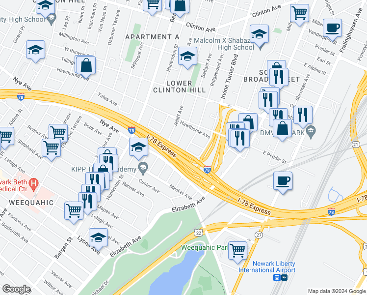 map of restaurants, bars, coffee shops, grocery stores, and more near 303 Ridgewood Avenue in Newark