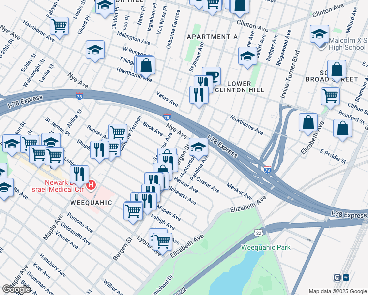 map of restaurants, bars, coffee shops, grocery stores, and more near 384-386 Chadwick Avenue in Newark