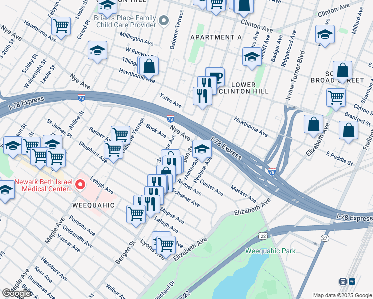 map of restaurants, bars, coffee shops, grocery stores, and more near 384-386 Chadwick Avenue in Newark