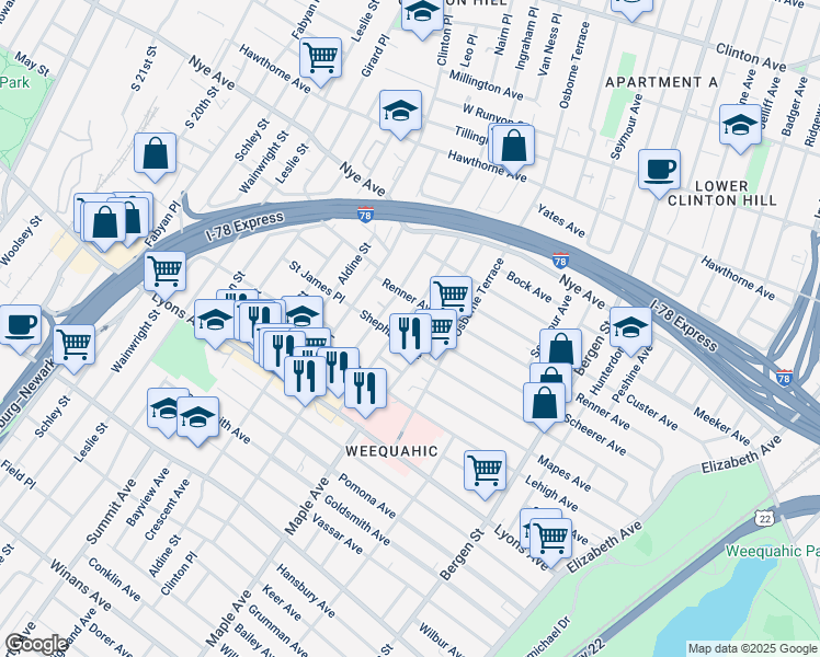 map of restaurants, bars, coffee shops, grocery stores, and more near in Newark