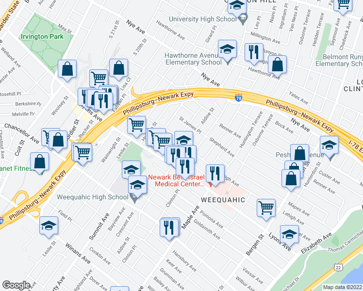 map of restaurants, bars, coffee shops, grocery stores, and more near 85 Aldine Street in Newark