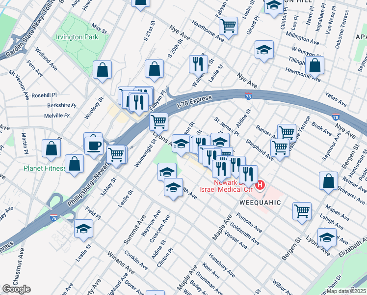 map of restaurants, bars, coffee shops, grocery stores, and more near 198 Dewey Street in Newark