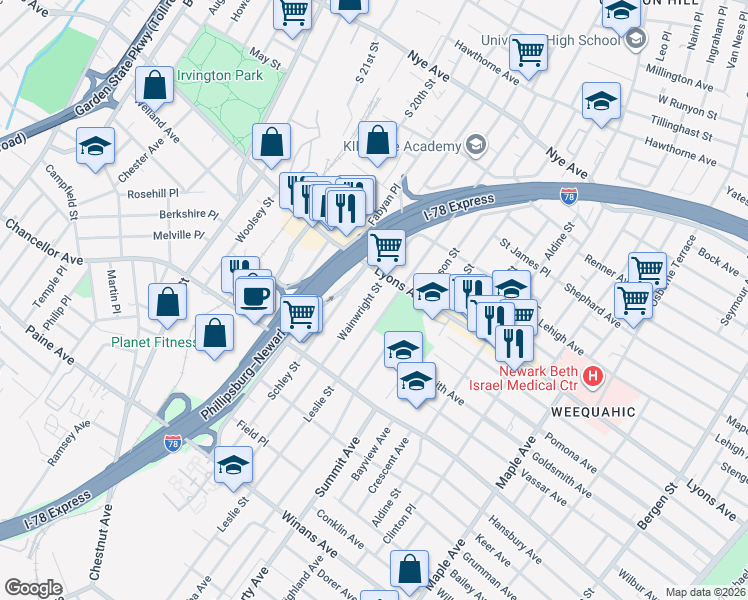 map of restaurants, bars, coffee shops, grocery stores, and more near 321 Leslie Street in Newark