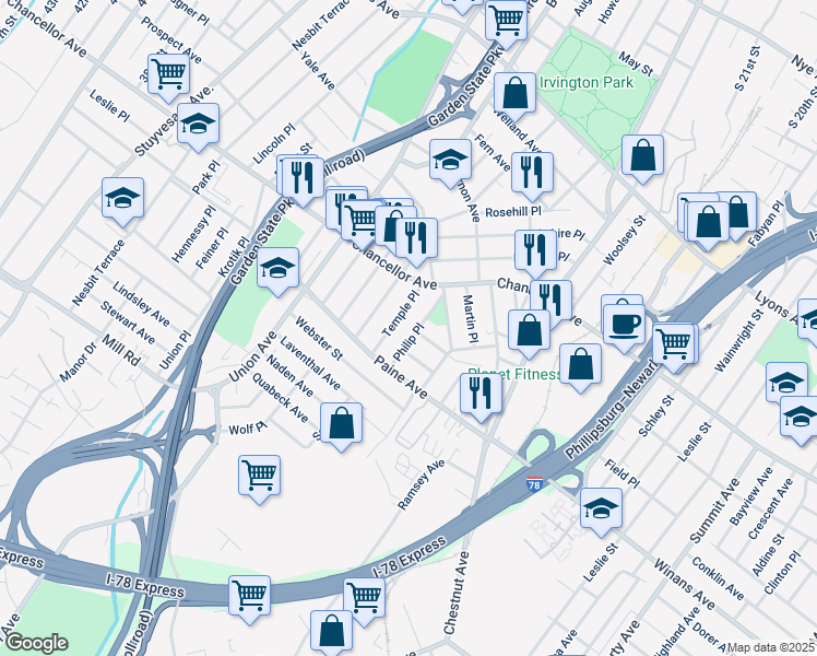 map of restaurants, bars, coffee shops, grocery stores, and more near 29 Robert Place in Irvington