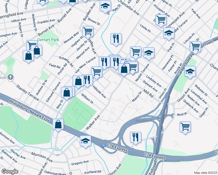 map of restaurants, bars, coffee shops, grocery stores, and more near 190 Hollywood Avenue in Irvington