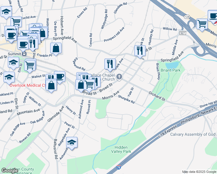 map of restaurants, bars, coffee shops, grocery stores, and more near 158 Broad Street in Summit