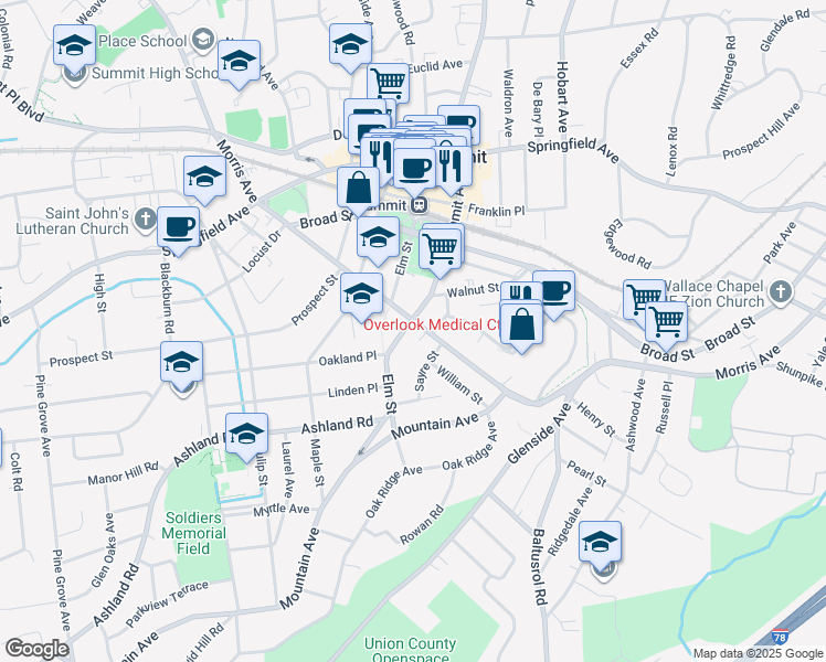 map of restaurants, bars, coffee shops, grocery stores, and more near 250 Morris Avenue in Summit