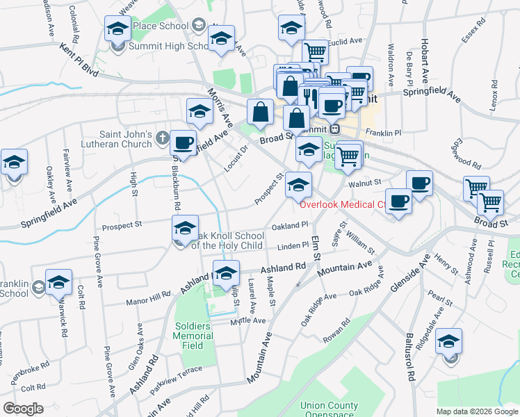 map of restaurants, bars, coffee shops, grocery stores, and more near 2 Prospect Street in Summit