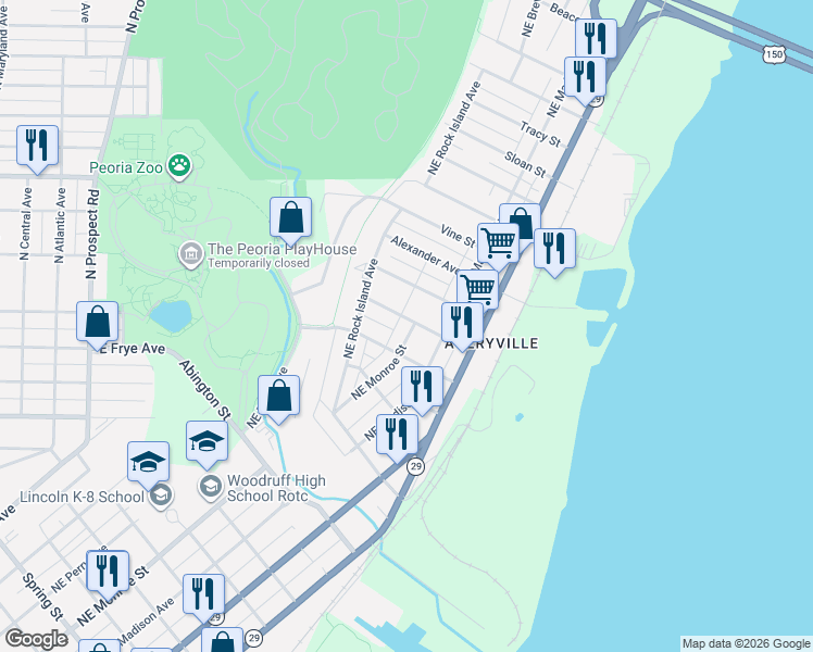 map of restaurants, bars, coffee shops, grocery stores, and more near 2535 Northeast Monroe Street in Peoria