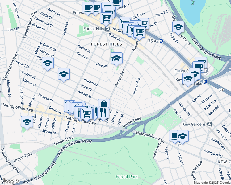 map of restaurants, bars, coffee shops, grocery stores, and more near 1-94 Ascan Avenue in Queens