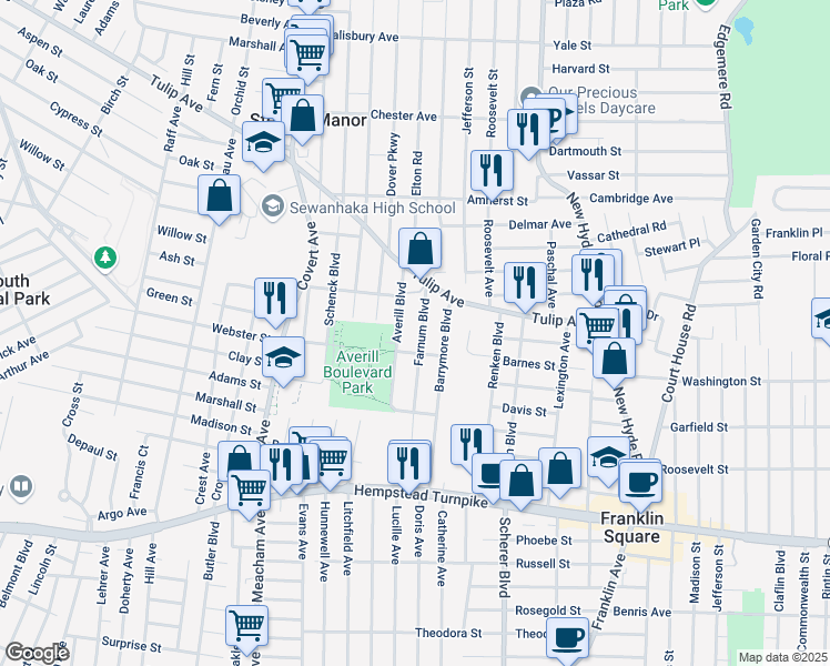 map of restaurants, bars, coffee shops, grocery stores, and more near 167 Farnum Boulevard in Franklin Square