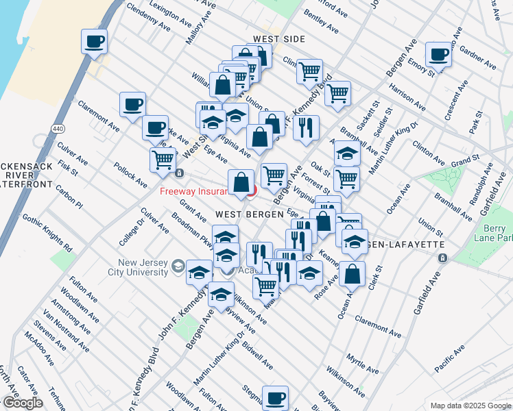 map of restaurants, bars, coffee shops, grocery stores, and more near 22 Morton Place in Jersey City
