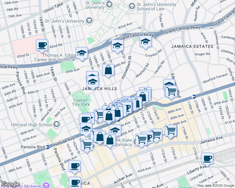 map of restaurants, bars, coffee shops, grocery stores, and more near 85-43 169th Street in Queens