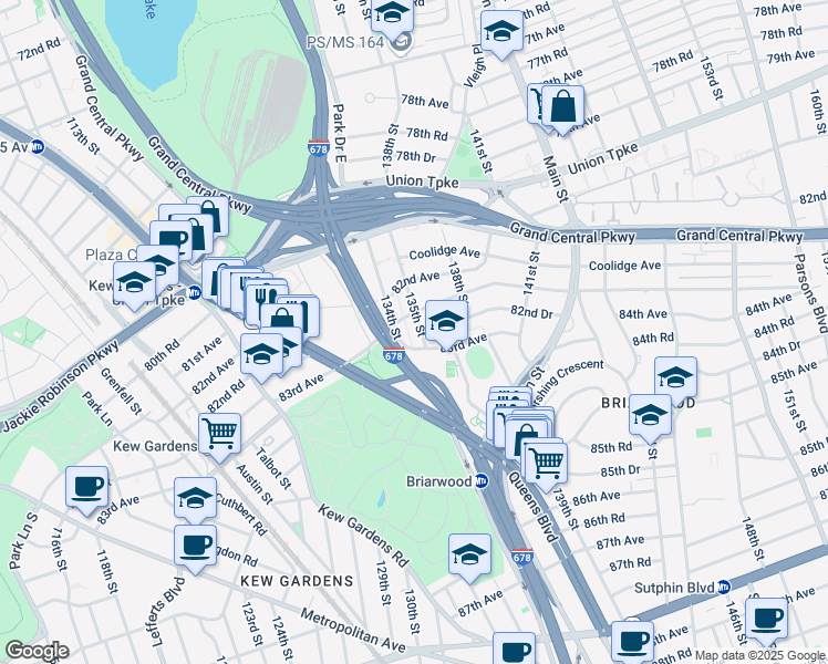 map of restaurants, bars, coffee shops, grocery stores, and more near 82-46 135th Street in Queens