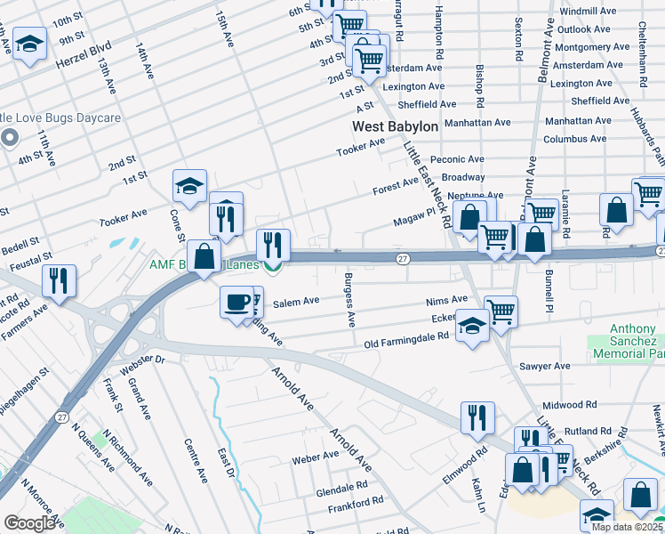 map of restaurants, bars, coffee shops, grocery stores, and more near 454 Sunrise Highway in West Babylon