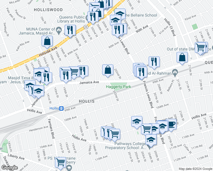 map of restaurants, bars, coffee shops, grocery stores, and more near 94-11 199th Street in Queens