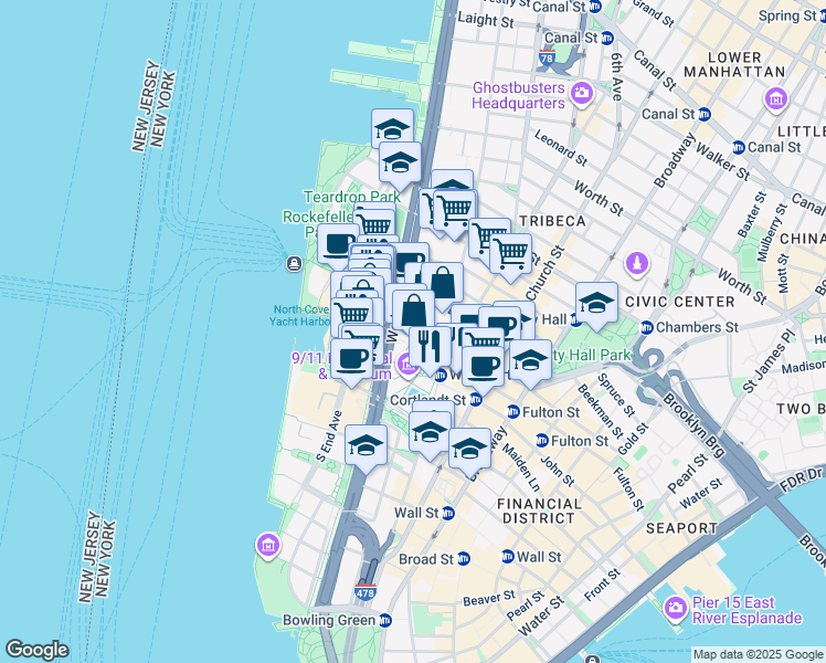 map of restaurants, bars, coffee shops, grocery stores, and more near 117 West Street in New York