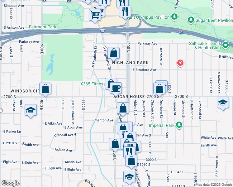 map of restaurants, bars, coffee shops, grocery stores, and more near 2695 Highland Drive in Salt Lake City