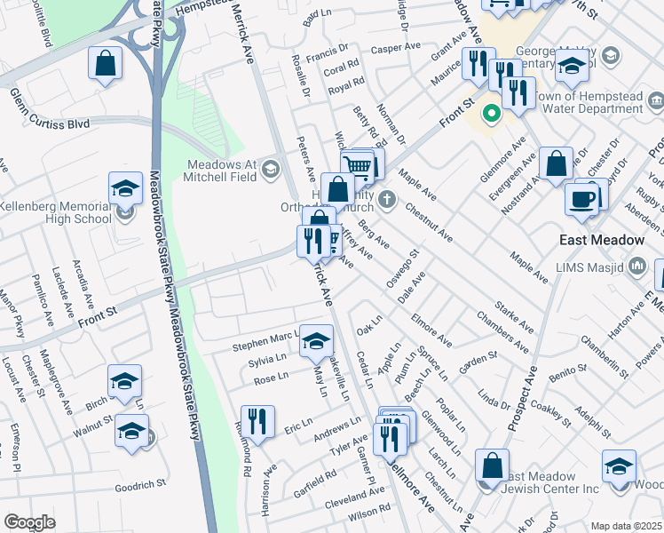 map of restaurants, bars, coffee shops, grocery stores, and more near 1556 Warren Street in East Meadow