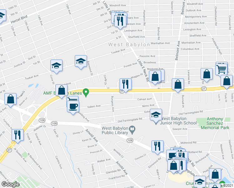 map of restaurants, bars, coffee shops, grocery stores, and more near 480 Sunrise Highway South Service Road in West Babylon