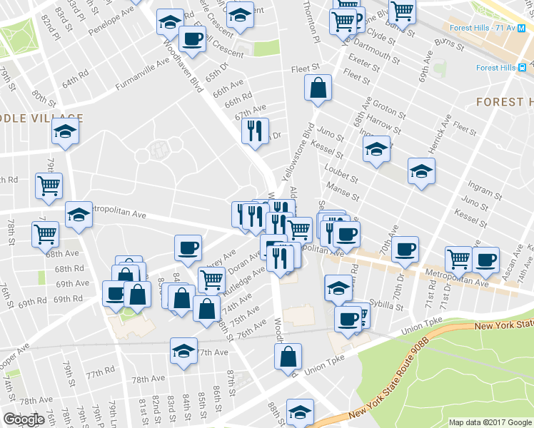 map of restaurants, bars, coffee shops, grocery stores, and more near 89-88 Woodhaven Boulevard in Queens