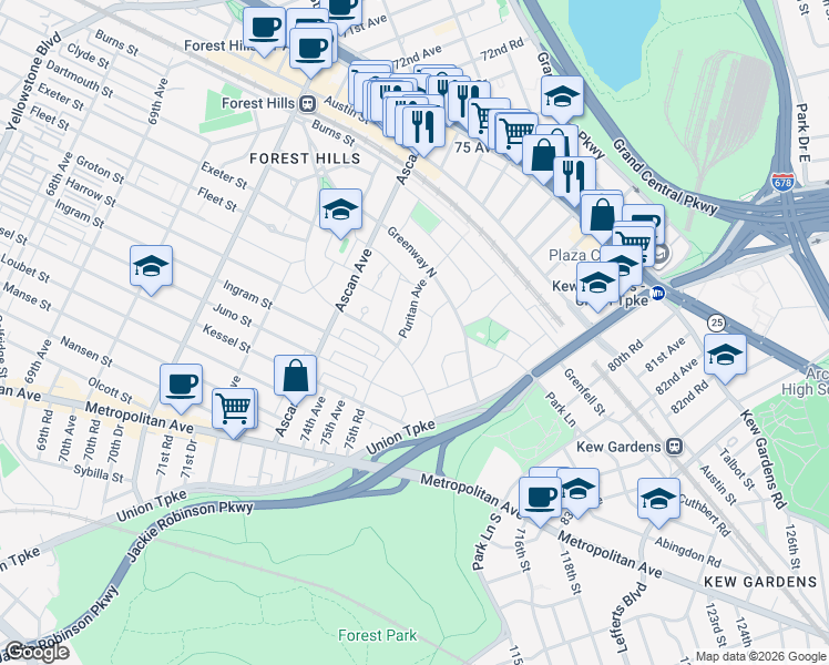map of restaurants, bars, coffee shops, grocery stores, and more near 1-18 Puritan Avenue in Queens