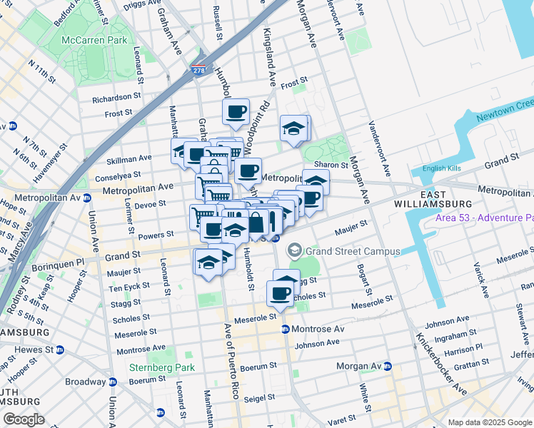 map of restaurants, bars, coffee shops, grocery stores, and more near 65 Bushwick Avenue in Brooklyn