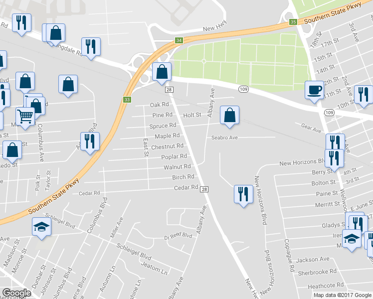 map of restaurants, bars, coffee shops, grocery stores, and more near 340 New Highway in Amityville