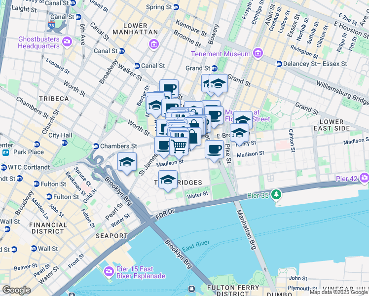 map of restaurants, bars, coffee shops, grocery stores, and more near 29 Henry Street in New York