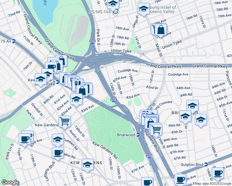 map of restaurants, bars, coffee shops, grocery stores, and more near 82-46 135th Street in Queens
