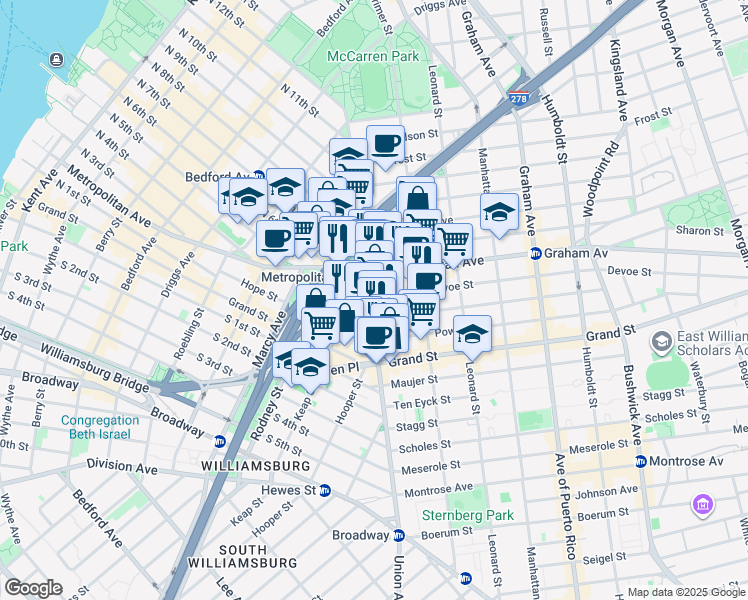 map of restaurants, bars, coffee shops, grocery stores, and more near 422 Union Avenue in Brooklyn