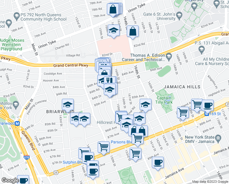 map of restaurants, bars, coffee shops, grocery stores, and more near 84-48 159th Street in Queens