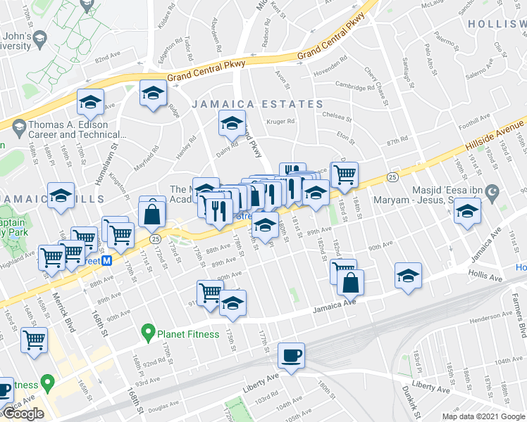 map of restaurants, bars, coffee shops, grocery stores, and more near 179-29 Hillside Avenue in Queens