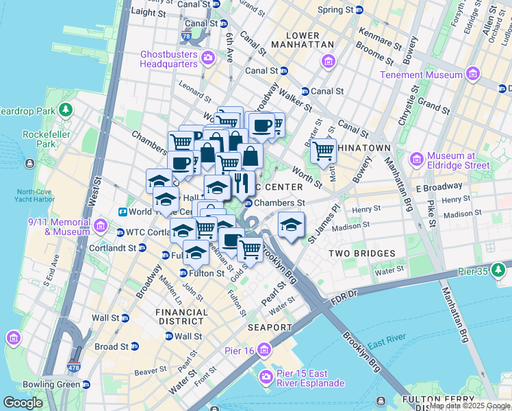 map of restaurants, bars, coffee shops, grocery stores, and more near 1 Centre Street in New York