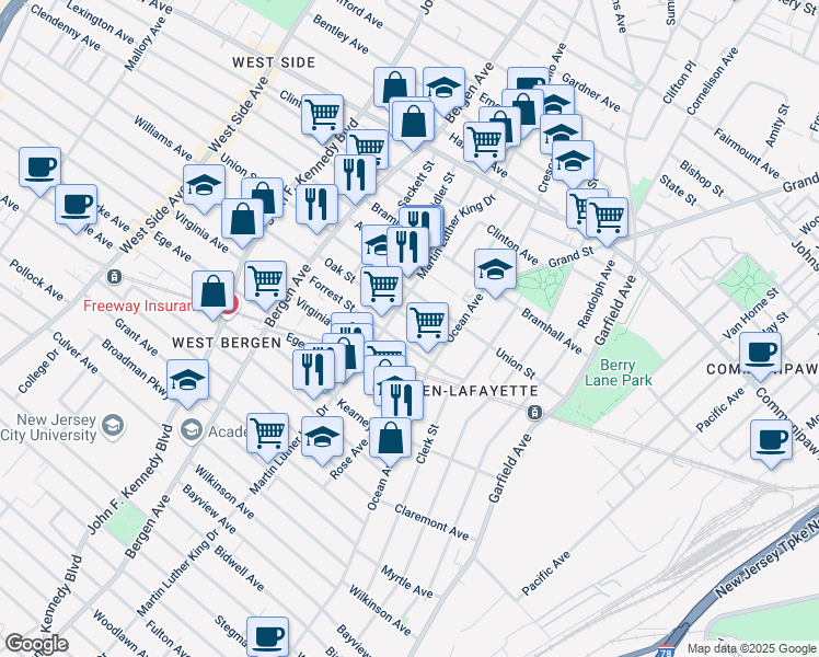 map of restaurants, bars, coffee shops, grocery stores, and more near 31 Oak Street in Jersey City