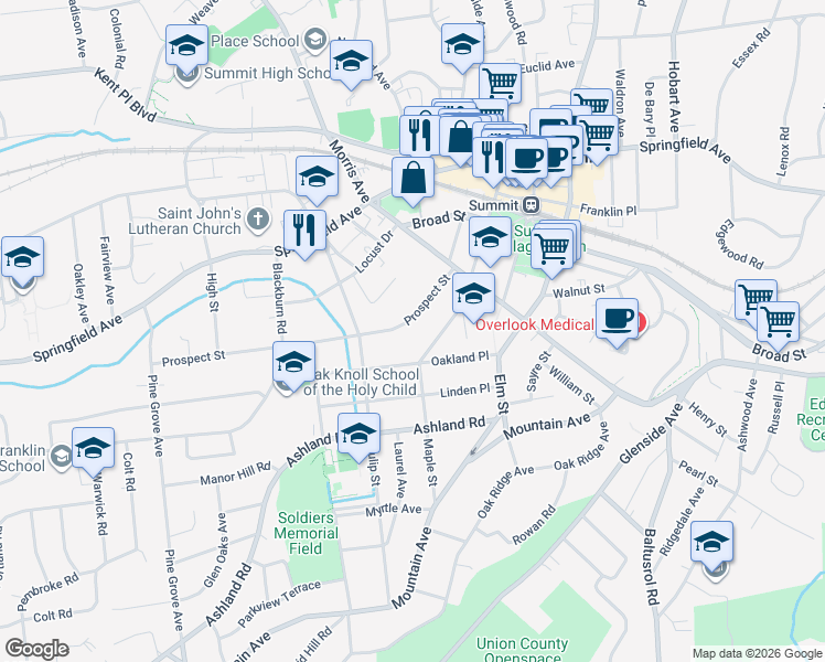map of restaurants, bars, coffee shops, grocery stores, and more near 2 Prospect Street in Summit