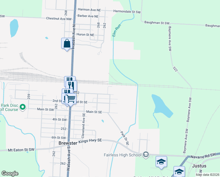 map of restaurants, bars, coffee shops, grocery stores, and more near 404 Willow Avenue Southeast in Brewster