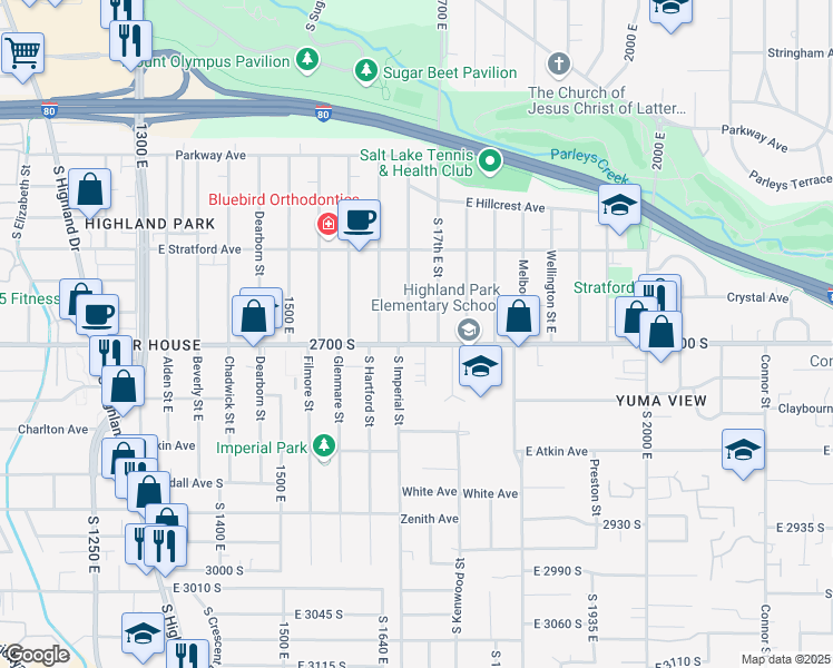 map of restaurants, bars, coffee shops, grocery stores, and more near 2693 South Imperial Street in Salt Lake City