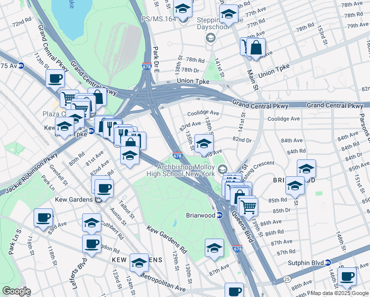 map of restaurants, bars, coffee shops, grocery stores, and more near 82-35 134th Street in Queens