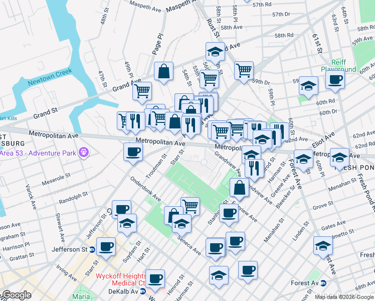 map of restaurants, bars, coffee shops, grocery stores, and more near 57-02 Metropolitan Avenue in Queens