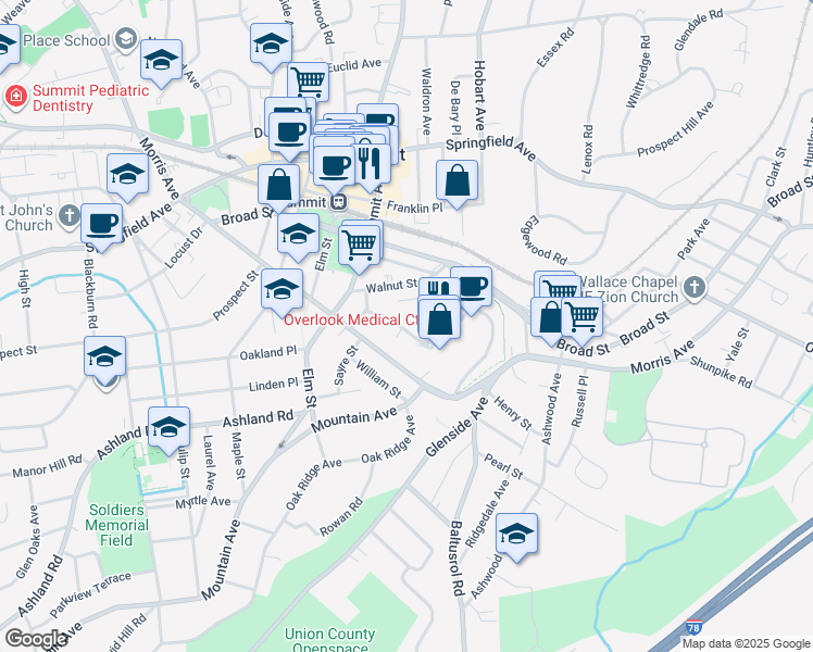 map of restaurants, bars, coffee shops, grocery stores, and more near 46 Beauvoir Avenue in Summit