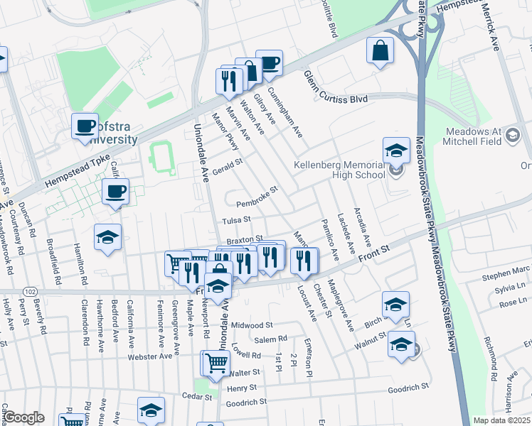 map of restaurants, bars, coffee shops, grocery stores, and more near 1113 Tulsa Street in Uniondale