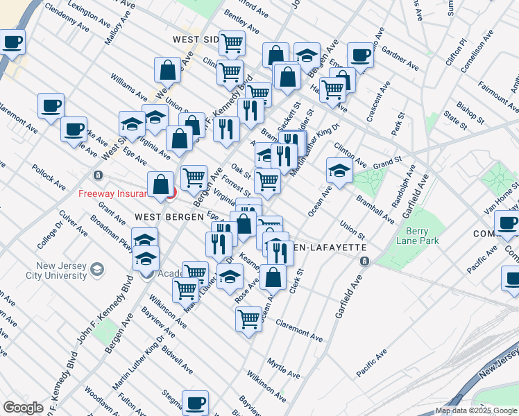 map of restaurants, bars, coffee shops, grocery stores, and more near 315 Forrest Street in Jersey City